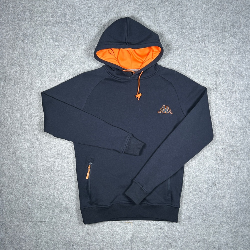 Kappa Hoodie Mens Small Navy Blue Orange Logo Pullover Raglan Fleece Sweatshirt